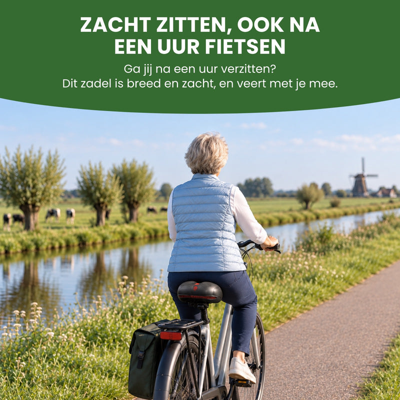 Frau von hinten auf einem E-Bike auf einem Radweg am Feldrand, auf dem breiten Saddlelux-Sattel: weich sitzen, auch nach einer Stunde