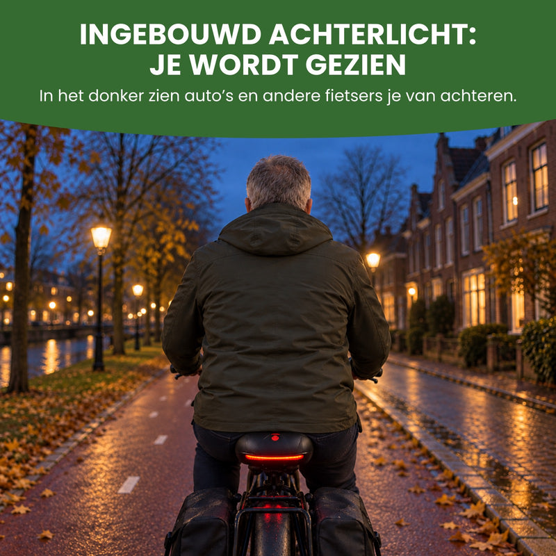 Mann fährt in der Dämmerung auf einem nassen Radweg, das rote Rücklicht im Saddlelux-Sattel leuchtet: Du wirst gesehen