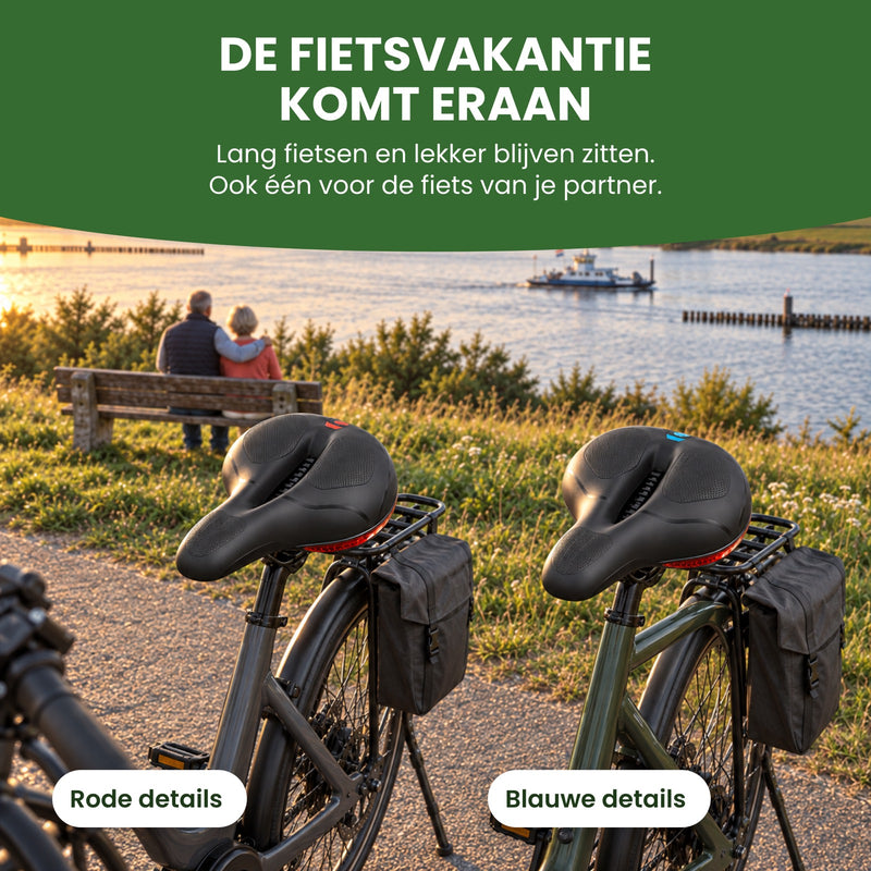 Zwei Fahrräder mit Packtaschen an einem Fluss, ein Saddlelux-Sattel mit roten und einer mit blauen Details: und gleich einen für deinen Partner