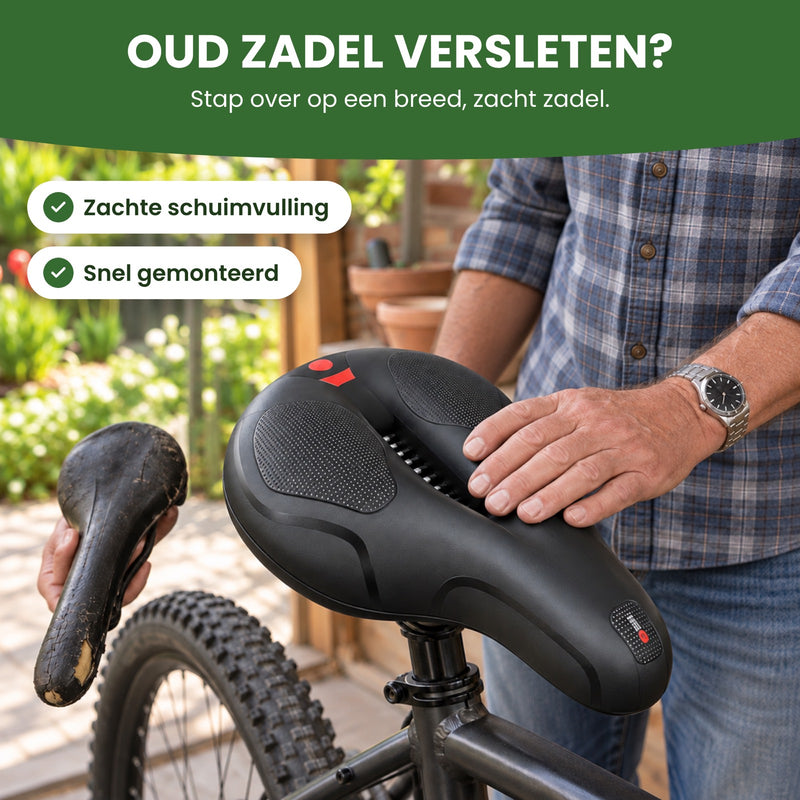 Mann mit seinem abgenutzten alten Sattel in der Hand, die andere Hand auf dem neuen Saddlelux-Sattel: Steig um auf einen breiten, weichen Sattel