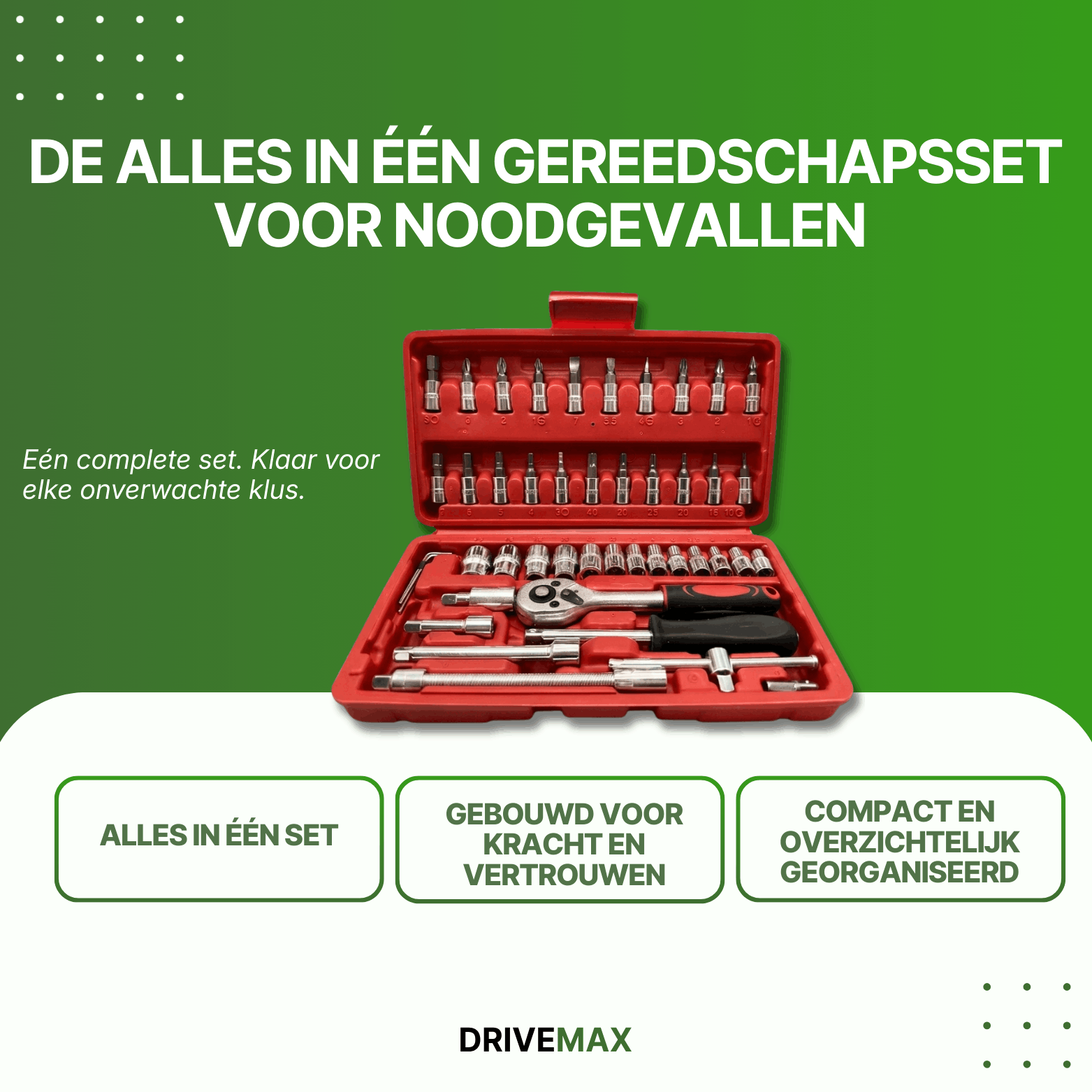 Schraubendrehersatz im roten Koffer mit Ratsche, Stecknüssen und Bits, kompakt und übersichtlich organisiert.