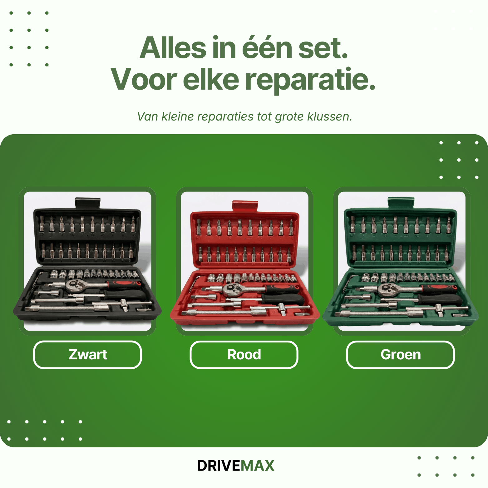 Schraubendrehersatz erhältlich in Schwarz, Rot und Grün, mit Ratsche, Stecknüssen und Bits in einem kompakten Koffer.