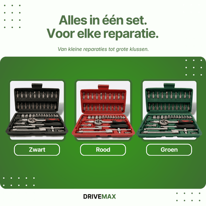Schraubendrehersatz erhältlich in Schwarz, Rot und Grün, mit Ratsche, Stecknüssen und Bits in einem kompakten Koffer.