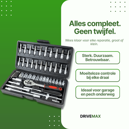 Schraubendrehersatz im schwarzen Koffer mit Ratsche, Stecknüssen und Bits, übersichtlich und bereit für jede Reparatur.