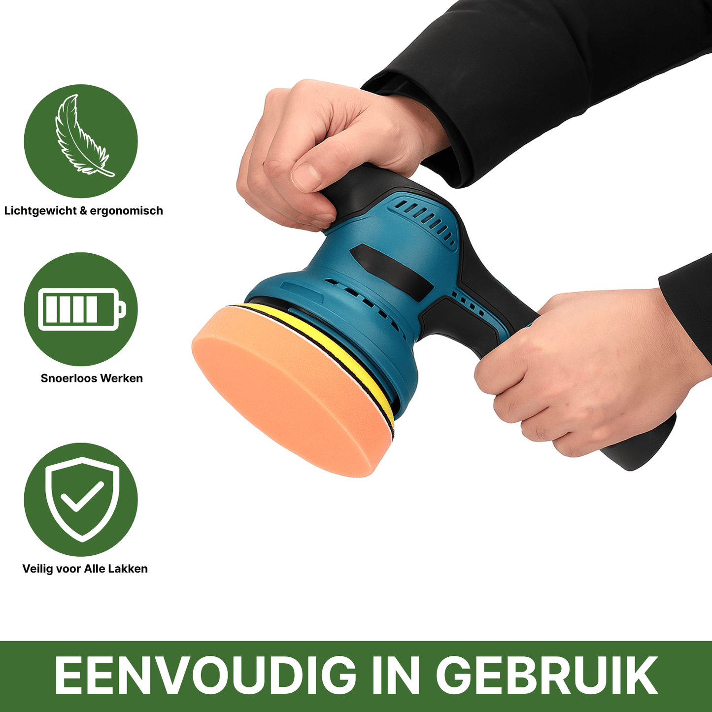 Draadloze ShinePro polijstmachine met lichte behuizing en oranje pad, geschikt voor elke autolak.