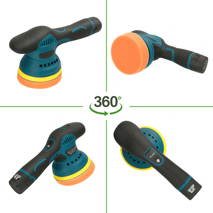 ShinePro polijstmachine vanuit vier hoeken getoond met oranje en gele pads voor volledig productoverzicht.