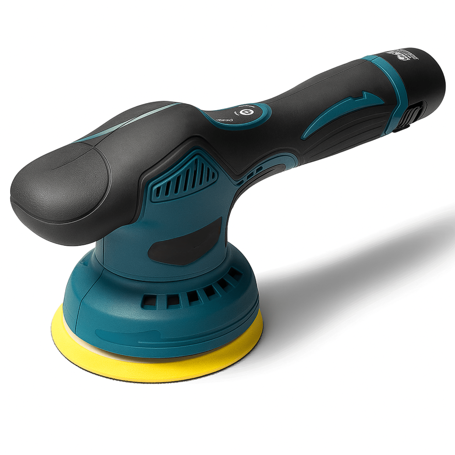 Excentrische ShinePro polijstmachine met ergonomische grip en gele schijf voor professionele lakverzorging.