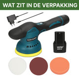 Inhalt der ShinePro Verpackung mit Poliermaschine, 12V Akku, Ladegerät und drei verschiedenen Polierpads.