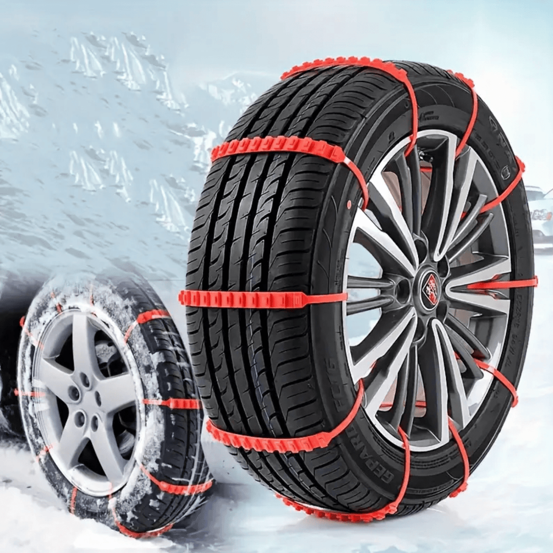 SnowGrip sneeuwkettingen op autobanden in oranje kleur, ideaal voor veilige grip op besneeuwde en ijzige wegen.