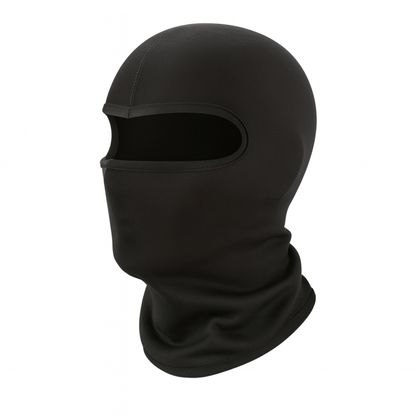 Zwarte ThermoShield balaclava met ademende stof en elastische pasvorm, gefotografeerd in vooraanzicht.