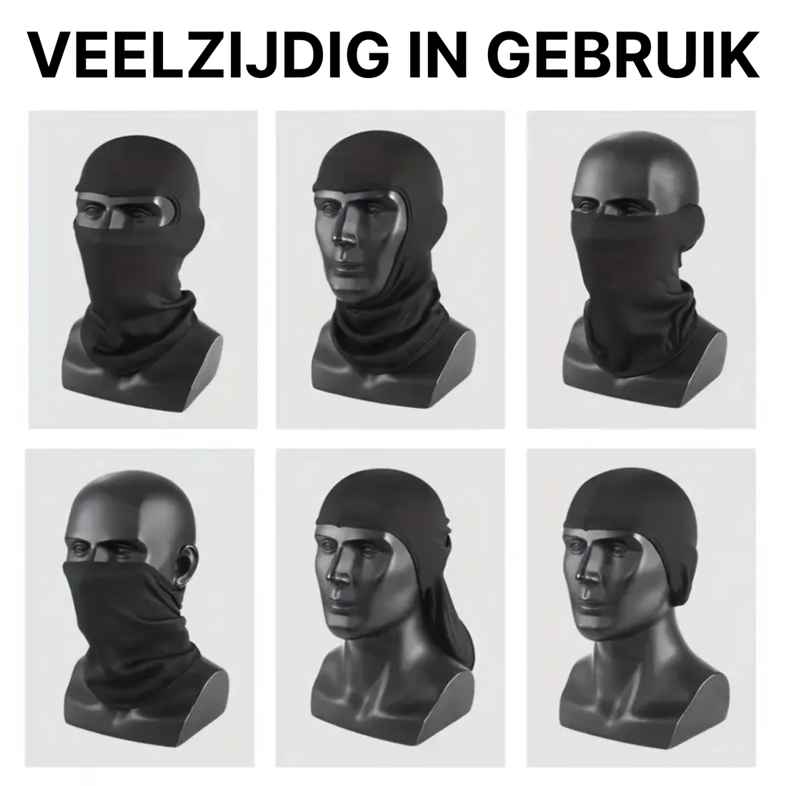 Schwarze ThermoShield™ Balaclava gezeigt in sechs Tragevarianten auf Schaufensterpuppen, vom Vollmasken- bis zum Nackenwärmer.