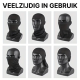 Schwarze ThermoShield™ Balaclava gezeigt in sechs Tragevarianten auf Schaufensterpuppen, vom Vollmasken- bis zum Nackenwärmer.