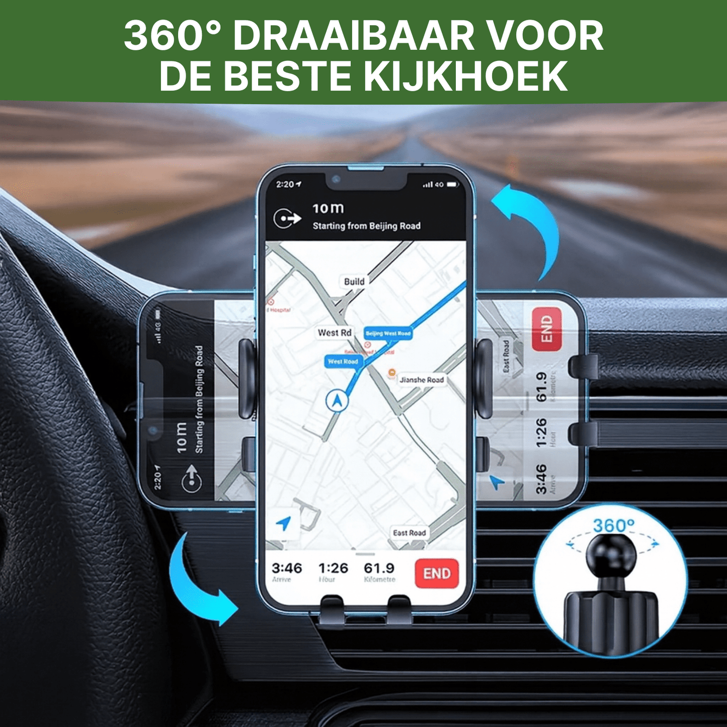 Topk™ telefoonhouder met 360° rotatie, bevestigd aan luchtrooster met navigatie op smartphone in auto.