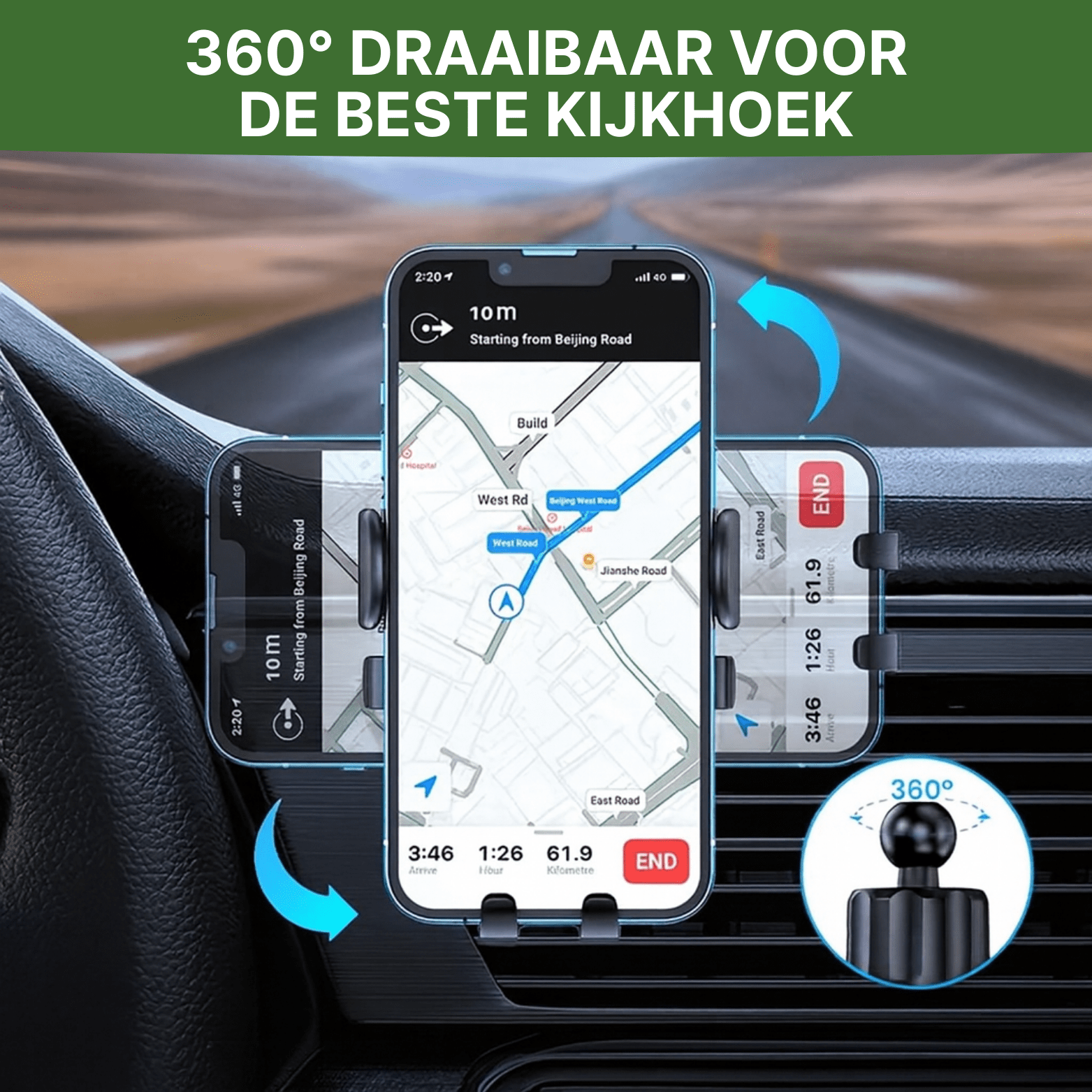 Topk™ telefoonhouder met 360° rotatie, bevestigd aan luchtrooster met navigatie op smartphone in auto.