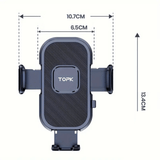 Schwarze Topk™ Telefonhalterung mit ausziehbaren Seitenklemmen und Abmessungen von 13,4 x 10,7 cm dargestellt.