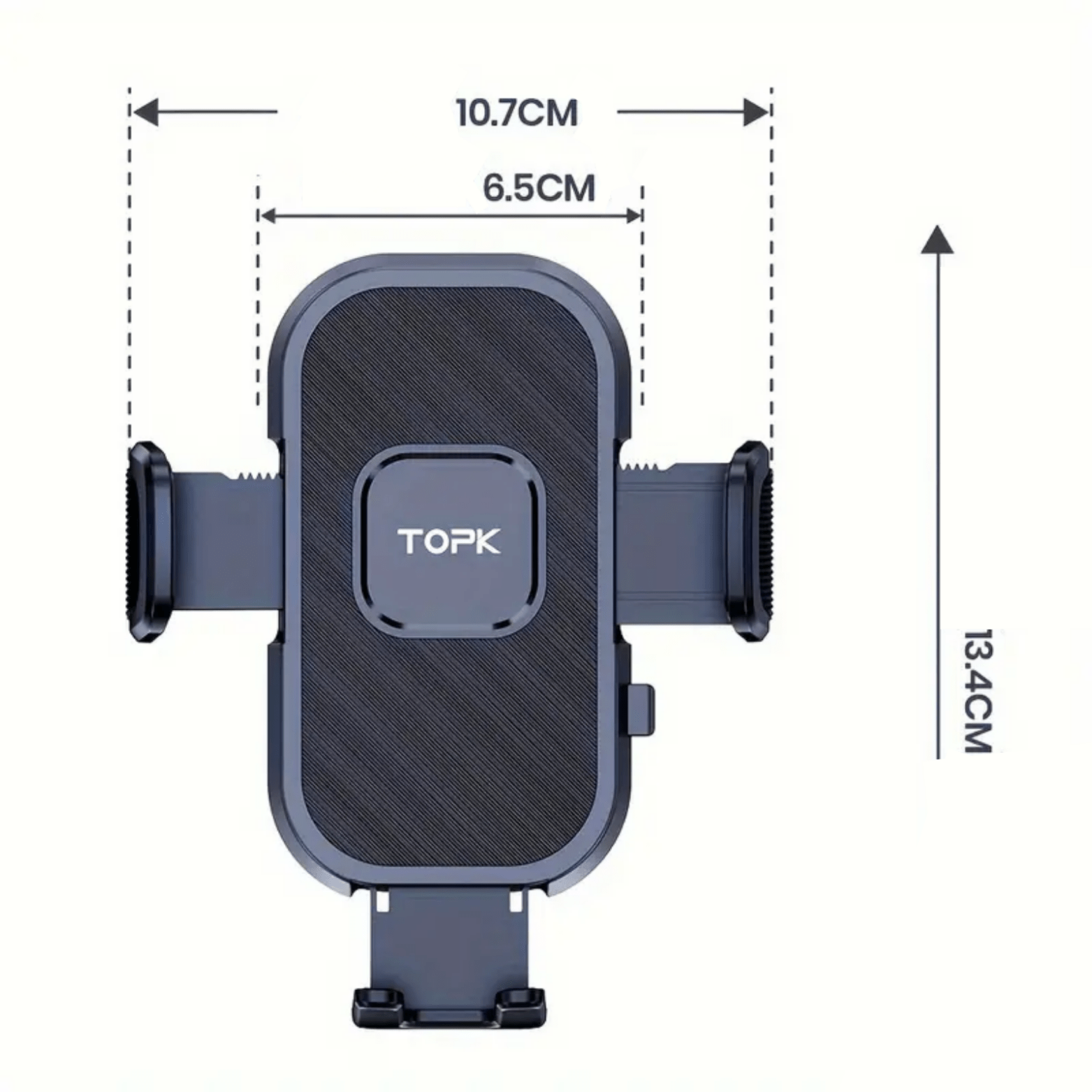 Zwarte Topk™ telefoonhouder met uitschuifbare zijklemmen en afmetingen van 13,4 x 10,7 cm weergegeven.
