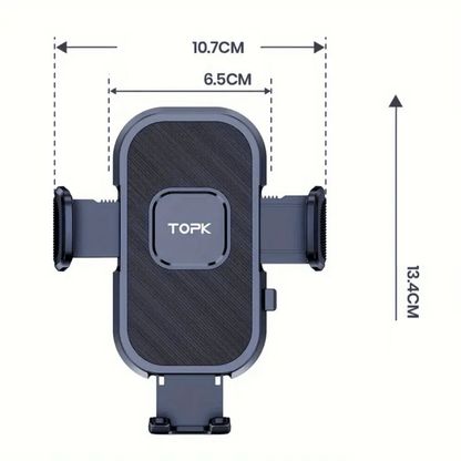Zwarte Topk™ telefoonhouder met uitschuifbare zijklemmen en afmetingen van 13,4 x 10,7 cm weergegeven.