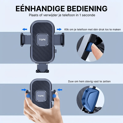 Zwarte Topk™ telefoonhouder met éénhandige bediening, getoond met drukknop en bevestigingsmechanisme.