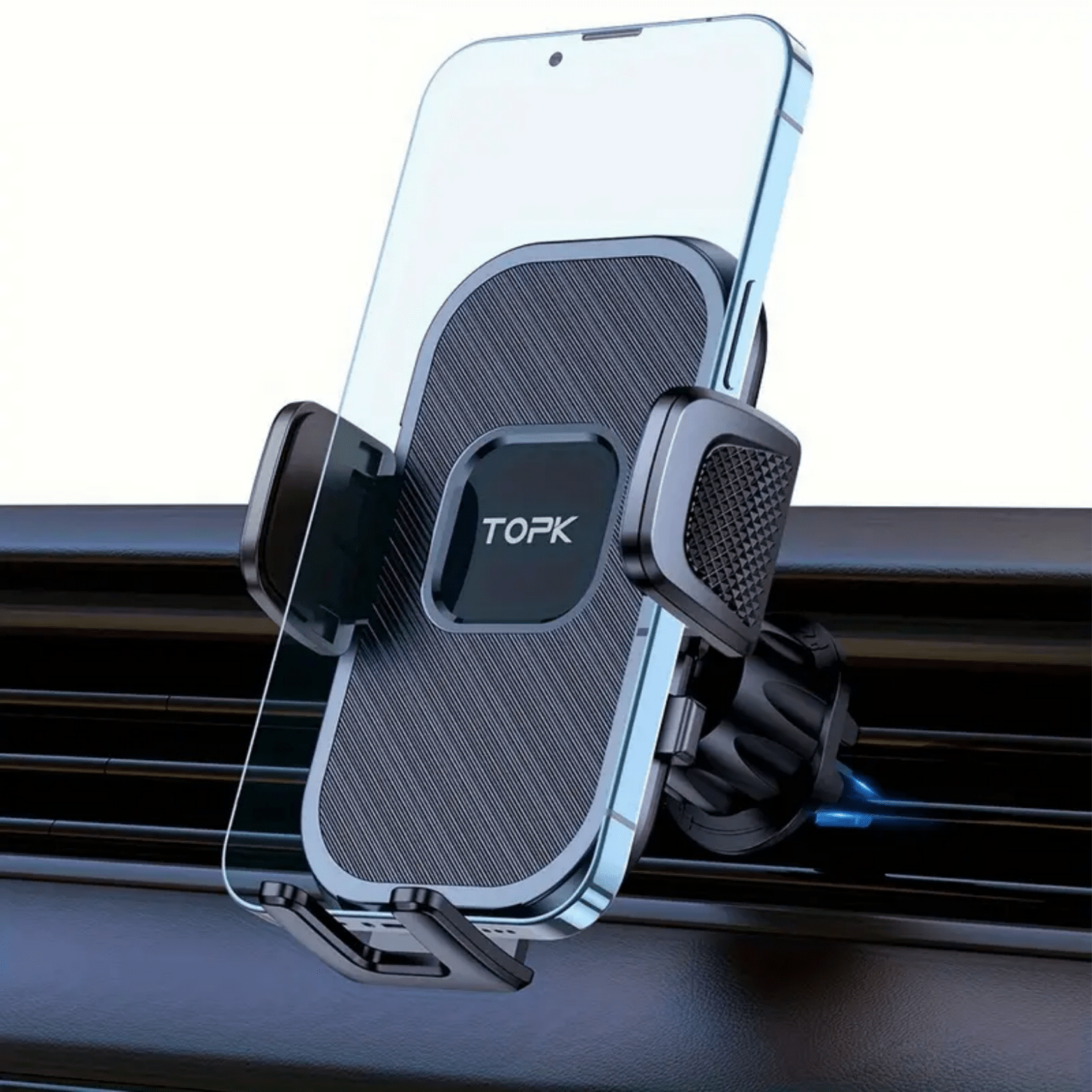 Zwarte Topk™ telefoonhouder bevestigd aan autoluchtrooster met smartphone in vooraanzicht.