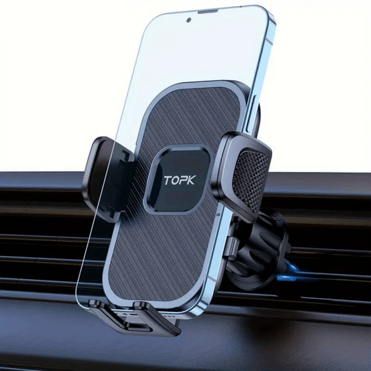 Zwarte Topk™ telefoonhouder bevestigd aan autoluchtrooster met smartphone in vooraanzicht.