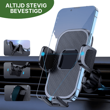 Topk™ telefoonhouder in zwart met stevige vergrendeling, gemonteerd op autoluchtrooster met smartphone.