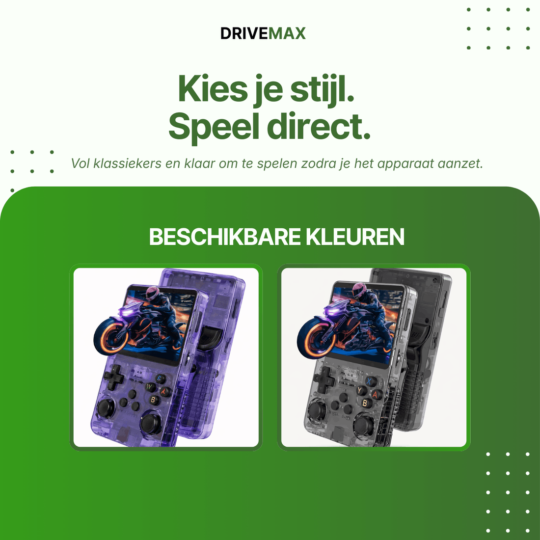 Übersicht mit zwei transparenten Handheld-Spielekonsolen in Lila und Grau mit Joysticks und Bildschirm.