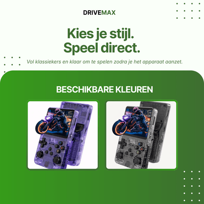 Übersicht mit zwei transparenten Handheld-Spielekonsolen in Lila und Grau mit Joysticks und Bildschirm.