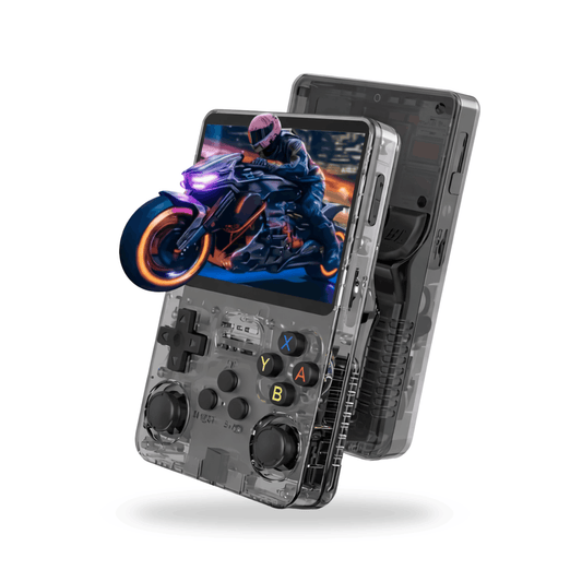 Transparente Handheld-Spielekonsole mit Joysticks und Tasten, auf dem Bildschirm ein Motorradrennspiel mit Fahrer.