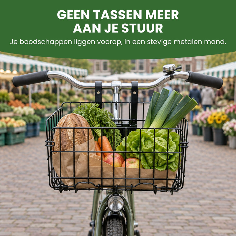 Trego-Fahrradkorb mit Brot, Lauch und Salat vorne an einem Stadtrad auf dem Wochenmarkt, der Lenker frei: keine Taschen mehr am Lenker