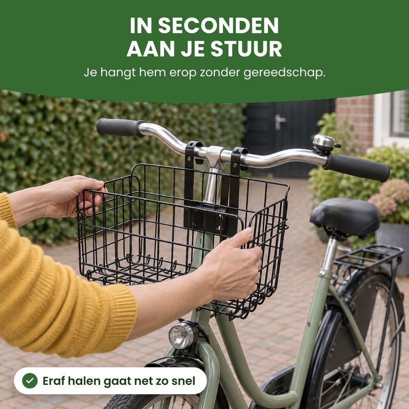Zwei Hände hängen den leeren Trego-Fahrradkorb mit den Haken an den Lenker eines Stadtrads: in Sekunden am Lenker, ohne Werkzeug