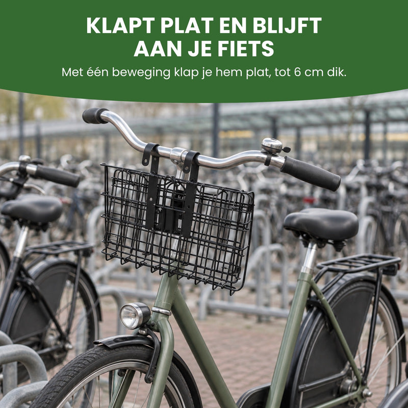 Trego-Fahrradkorb flach zusammengeklappt am Lenker eines Stadtrads an einem Fahrradständer: klappt flach und bleibt an deinem Rad