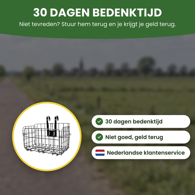 Trego-Fahrradkorb im Kreis mit den Labels ‚Nicht zufrieden? Geld zurück‘ und ‚Kundenservice auf Deutsch‘ mit deutscher Flagge: 30 Tage Rückgaberecht