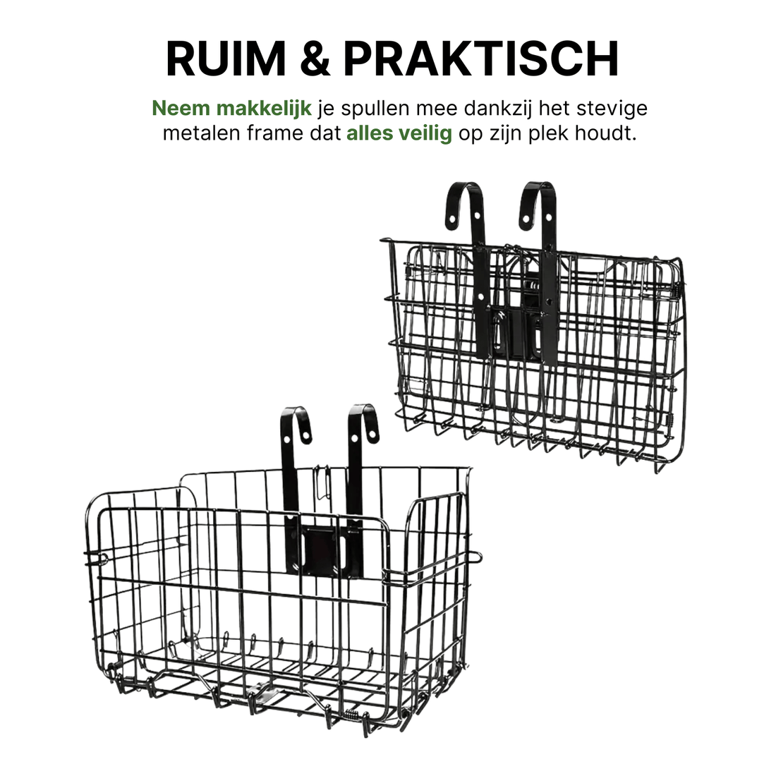 Trego faltbarer Metall-Fahrradkorb im zusammengeklappten und ausgeklappten Zustand mit Befestigungshaken.