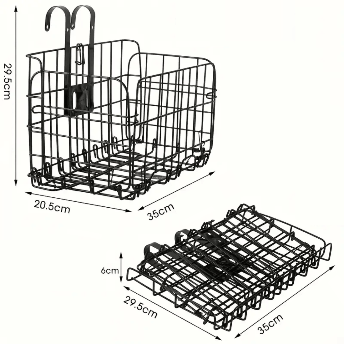 Zwarte Trego Fahrradkorb im offenen und zusammengefalteten Zustand mit den Maßen 35x29,5x20,5 cm im Bild.