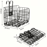Zwarte Trego Fahrradkorb im offenen und zusammengefalteten Zustand mit den Maßen 35x29,5x20,5 cm im Bild.