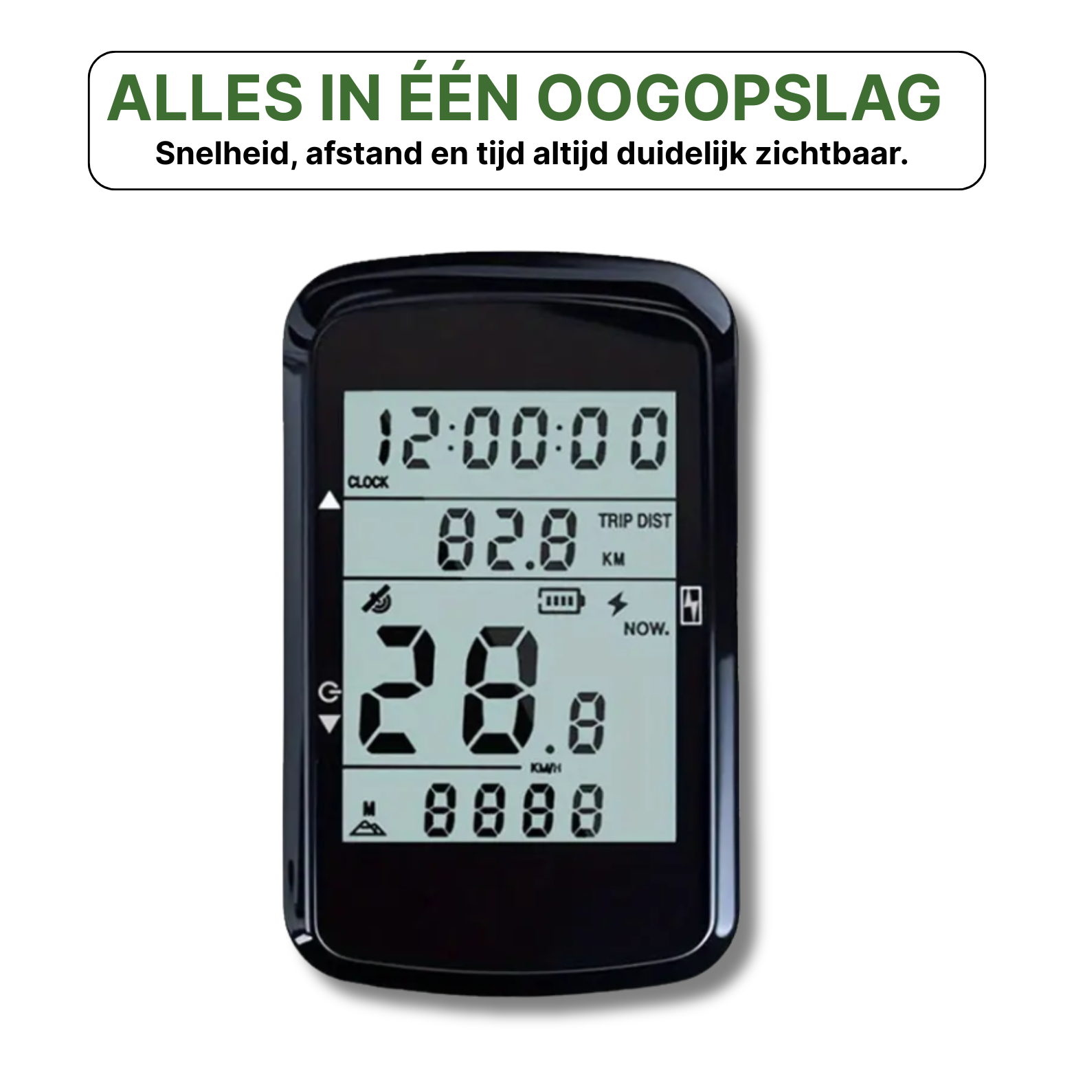 VeloxRide fietscomputer met groot scherm waarop snelheid, afstand en tijd in één oogopslag duidelijk zichtbaar zijn.