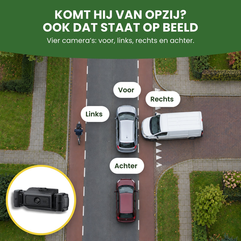 Ein Auto an einer Kreuzung von oben, ein Transporter kommt von der Seite: Die VisionEdge 360 filmt vorne, links, rechts und hinten