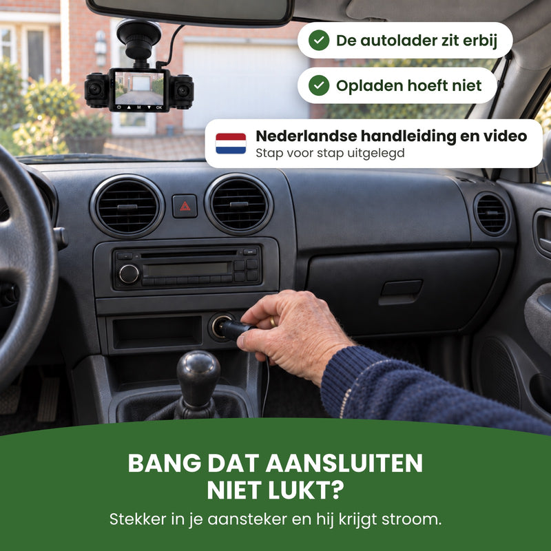 Eine Hand steckt den Stecker der Dashcam VisionEdge 360 in den Zigarettenanzünder: selbst anschließen, mit deutscher Anleitung