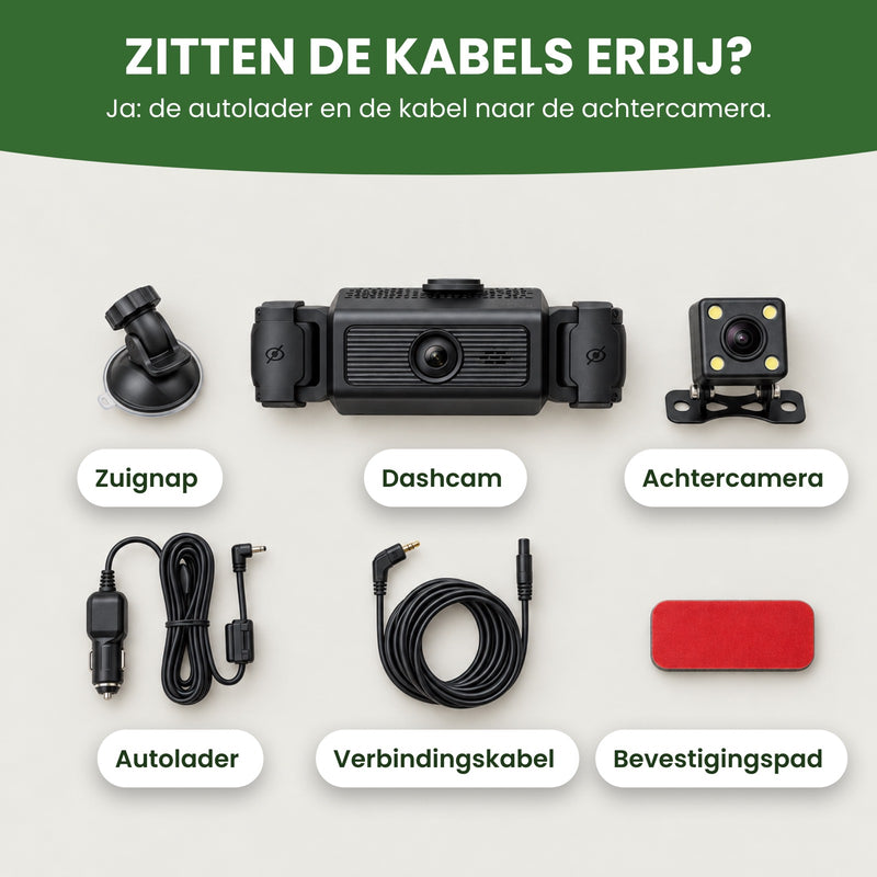 Lieferumfang: Dashcam VisionEdge 360, Saugnapf, Rückkamera, Kfz-Ladegerät, Verbindungskabel und Klebepad. Die Kabel sind dabei