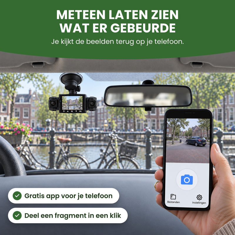 In einem geparkten Auto hält eine Hand ein Handy mit der App der Dashcam VisionEdge 360: Du siehst dir die Aufnahmen auf dem Handy an