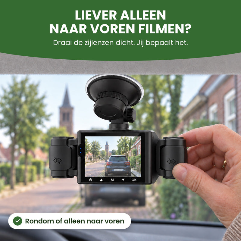 In einem geparkten Auto dreht eine Hand eine Seitenkamera der Dashcam VisionEdge 360 zu: Du filmst rundum oder nur nach vorne
