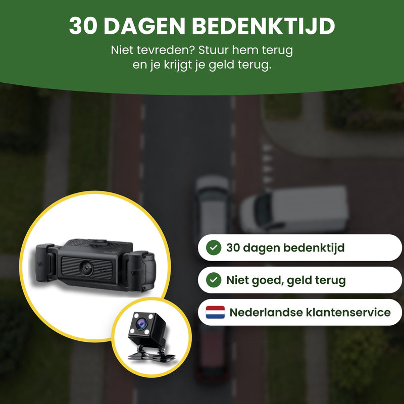 Dashcam VisionEdge 360 mit Rückkamera: 30 Tage Rückgaberecht, Geld zurück, wenn du nicht zufrieden bist, und Kundenservice auf Deutsch