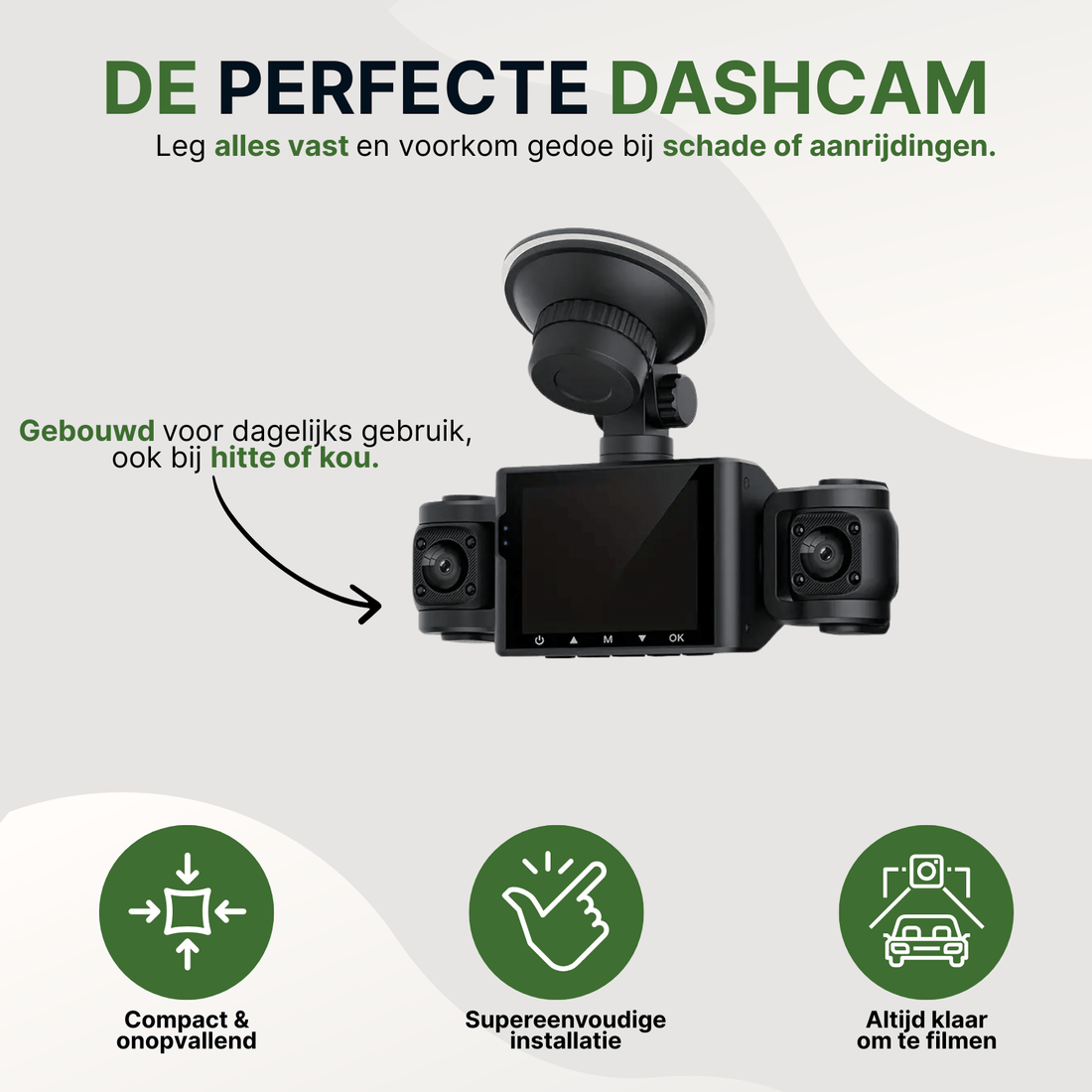 Zwarte VisionEdge Dashcam mit Saugnapf, kompaktem Design und geeignet für Hitze und Kälte.