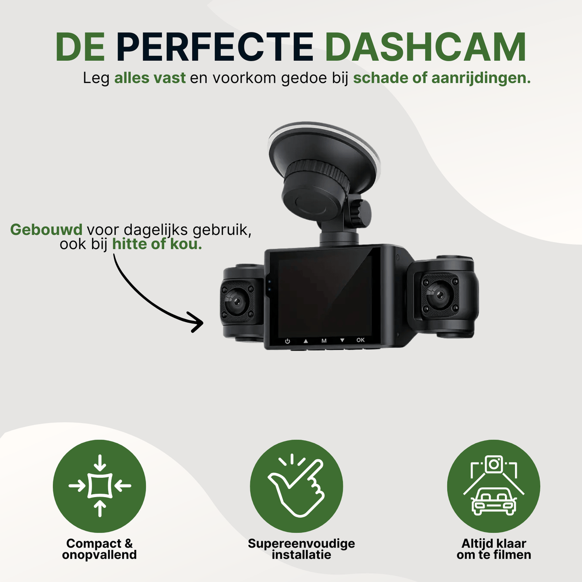 Zwarte VisionEdge Dashcam mit Saugnapf, kompaktem Design und geeignet für Hitze und Kälte.