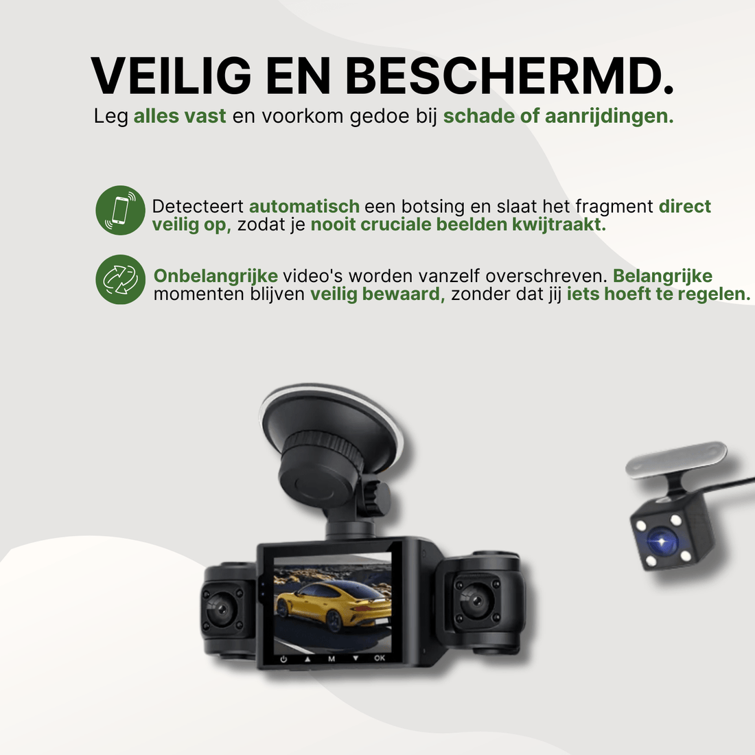 Schwarze VisionEdge Dashcam mit Aufprallerkennung und automatischer Speicherung, zeigt Aufnahme eines gelben Sportwagens.
