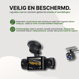 Schwarze VisionEdge Dashcam mit Aufprallerkennung und automatischer Speicherung, zeigt Aufnahme eines gelben Sportwagens.