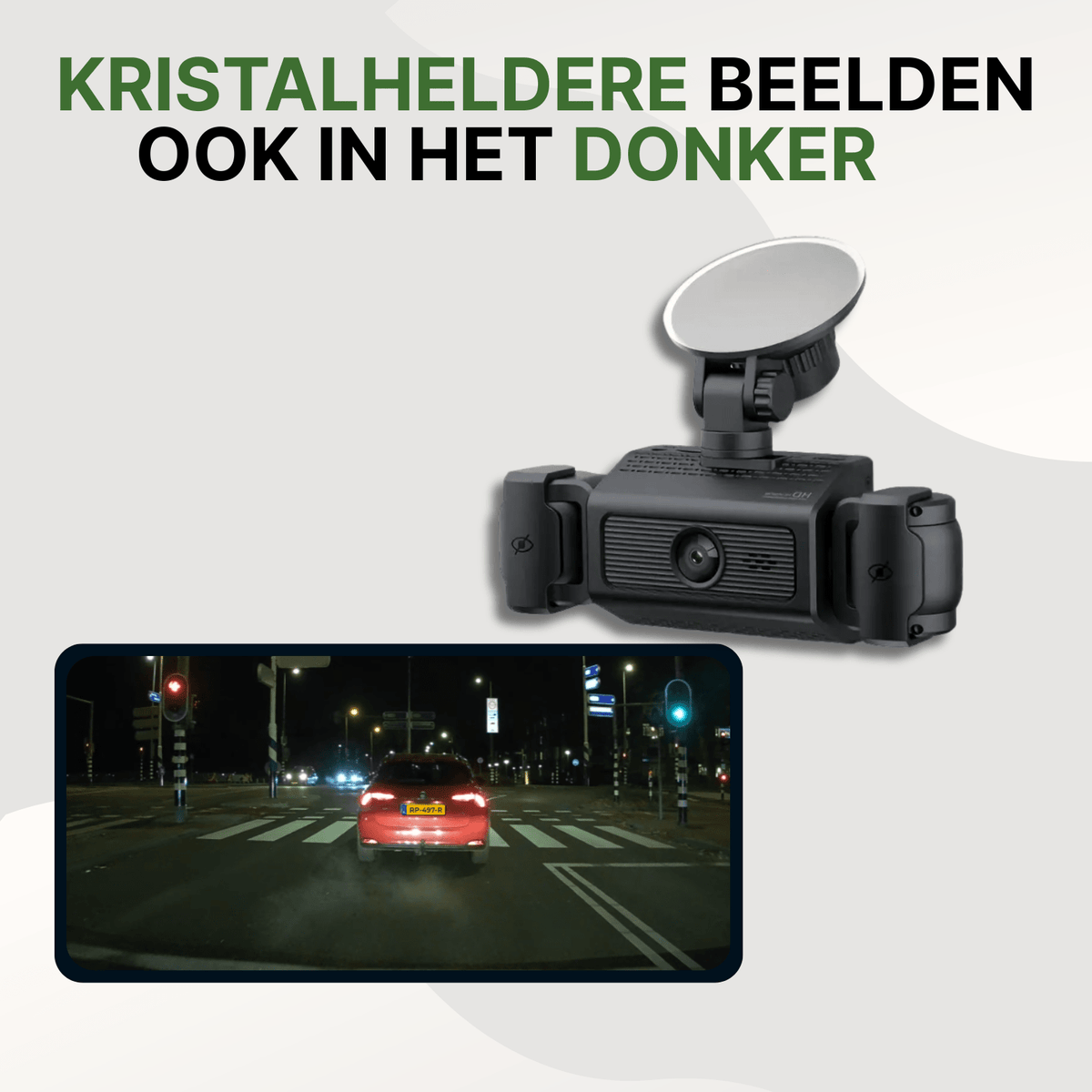 Zwarte VisionEdge Dashcam mit kristallklarem Nachtsicht, zeigt Aufnahme von rotem Fahrzeug bei Ampel.