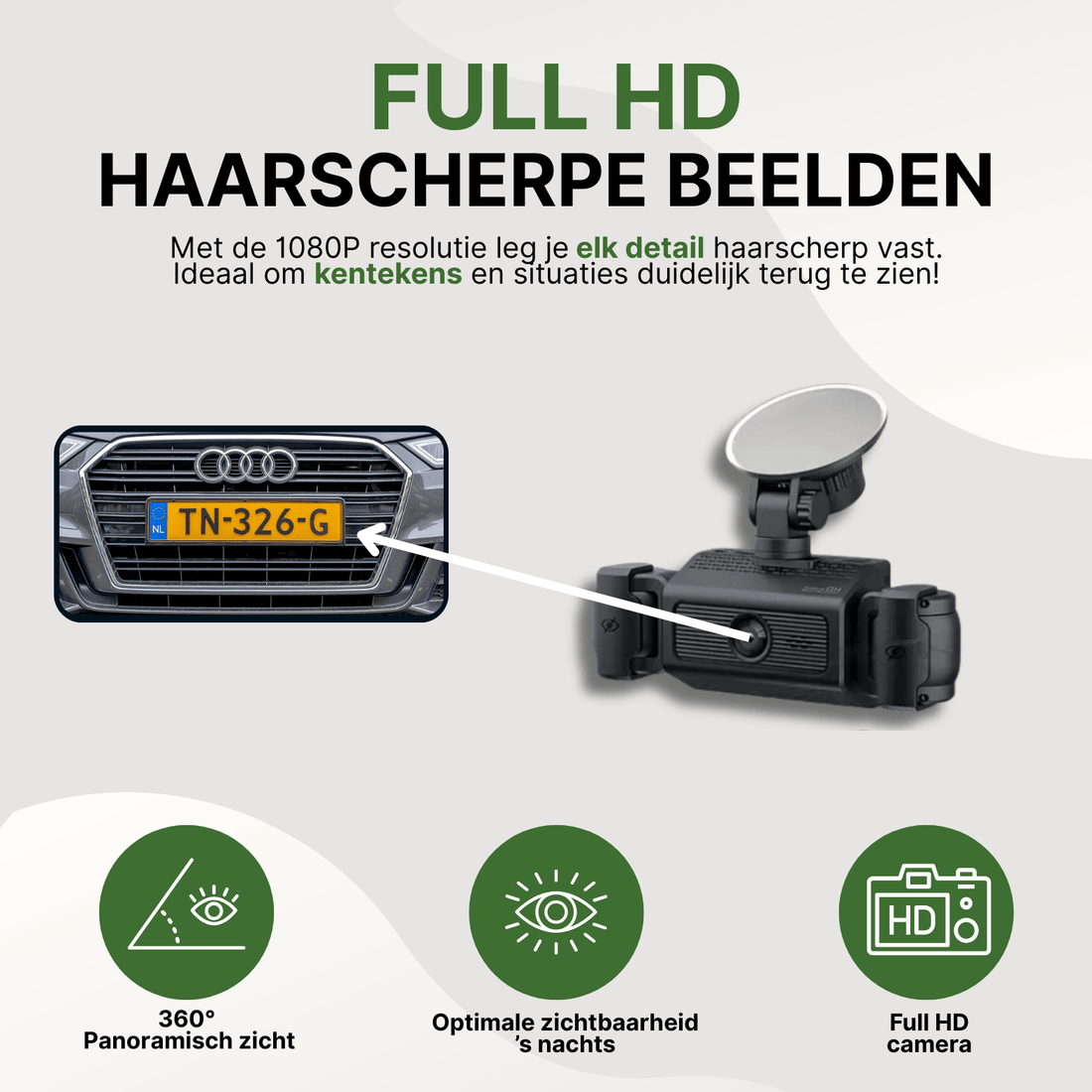 Schwarze VisionEdge Dashcam mit Saugnapfhalterung und scharfer Kennzeichenerkennung in Full-HD-Qualität.