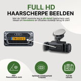 Schwarze VisionEdge Dashcam mit Saugnapfhalterung und scharfer Kennzeichenerkennung in Full-HD-Qualität.