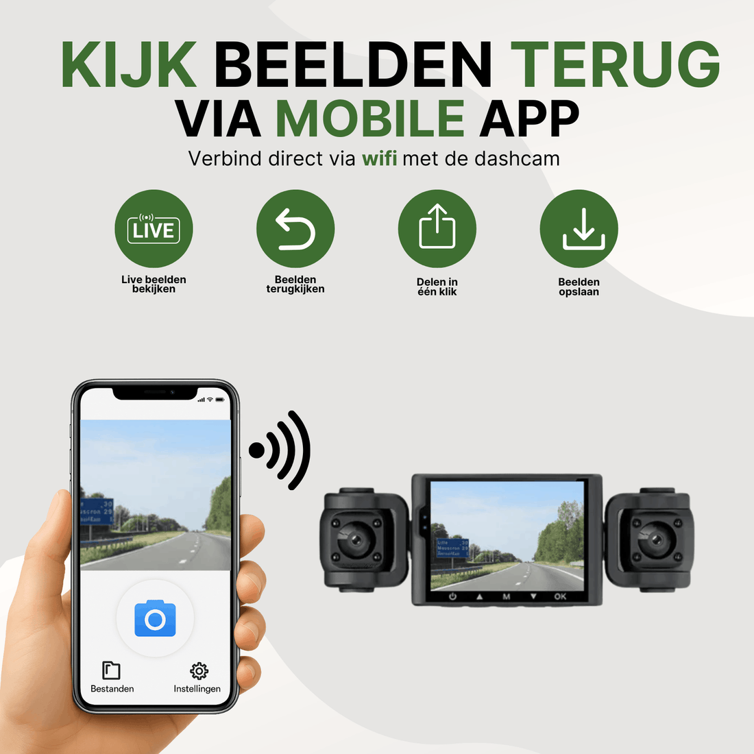 Schwarze VisionEdge Pro Dashcam mit WLAN, verbunden mit dem Smartphone für Live-Videoanzeige über die App.